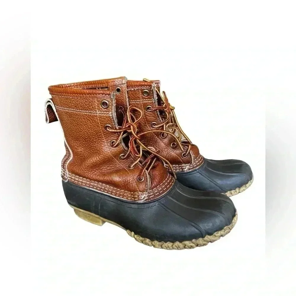 L.L. Bean Leather Bean Boots Womens 7 Brown Black  Duck Boots Lace Up